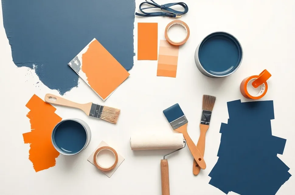 Pots de peinture, nuancier, brosses et rouleaux disposés à plat