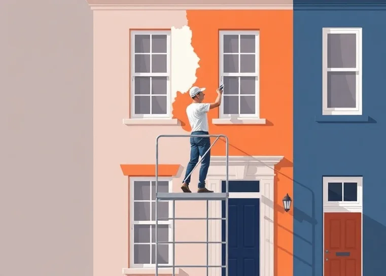 Peintre sur échafaudage traitant la façade d'une maison