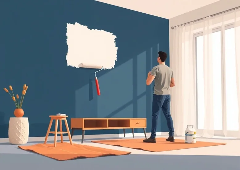 Peintre appliquant la peinture au rouleau sur un mur de salon